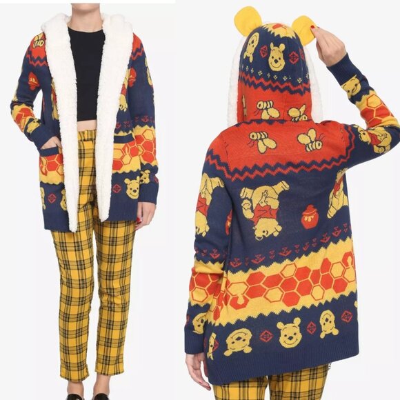 Disney Winnie The Pooh Fair Isle Sherpa Open Cardigan Sweater With Ears - Picture 1 of 8